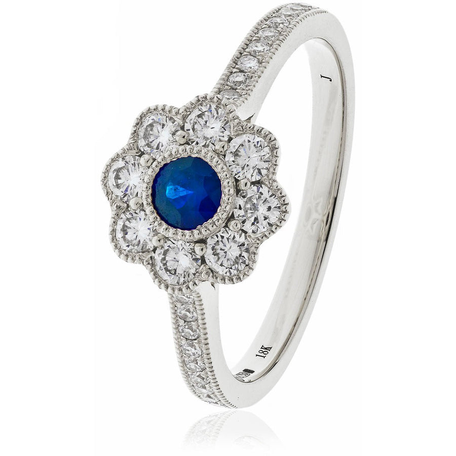 Sapphire & Diamond Cluster Ring 0.75ct F-VS Quality in 18k White Gold - My Jewel World