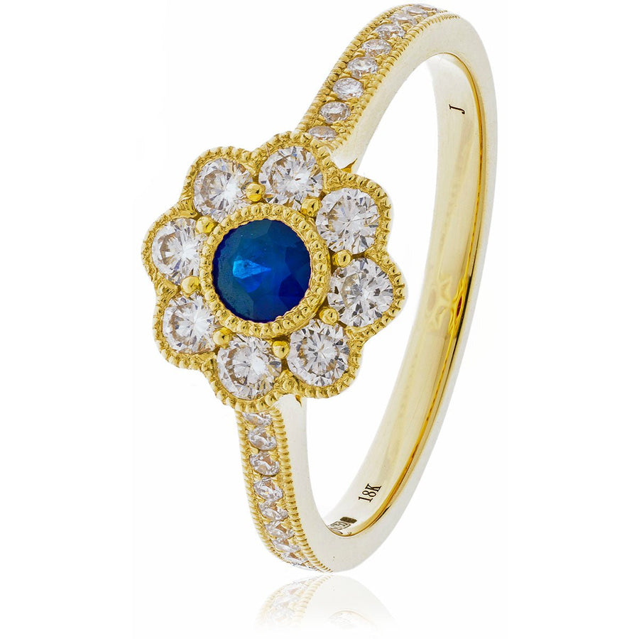 Sapphire & Diamond Cluster Ring 0.75ct F-VS Quality in 18k Yellow Gold - My Jewel World