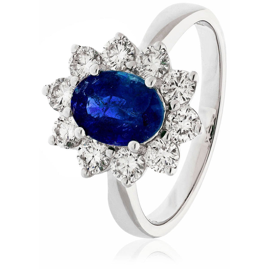 Sapphire & Diamond Cluster Ring 0.80ct F-VS Quality in 18k White Gold - My Jewel World