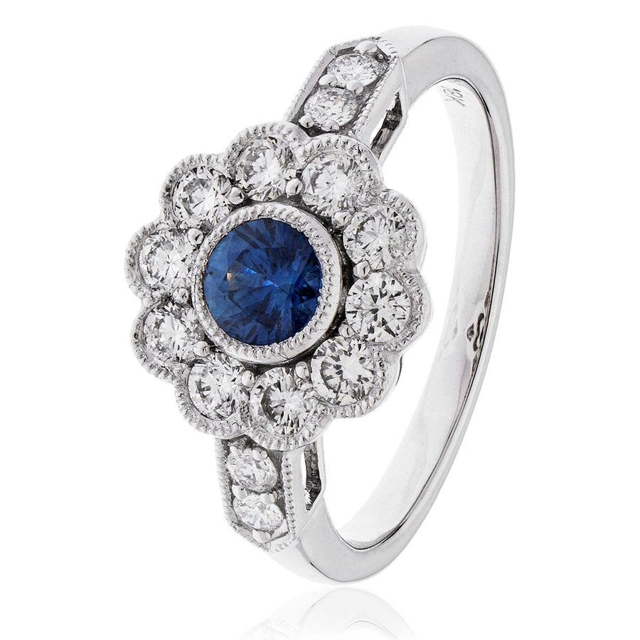 Sapphire & Diamond Cluster Ring 1.05ct F-VS Quality in 18k White Gold - My Jewel World