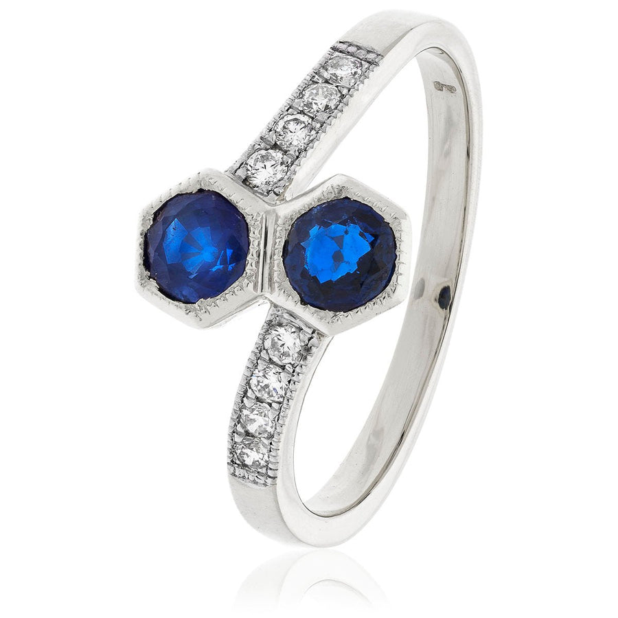 Sapphire & Diamond Cross Over Ring 0.85ct F-VS Quality 18k White Gold - My Jewel World