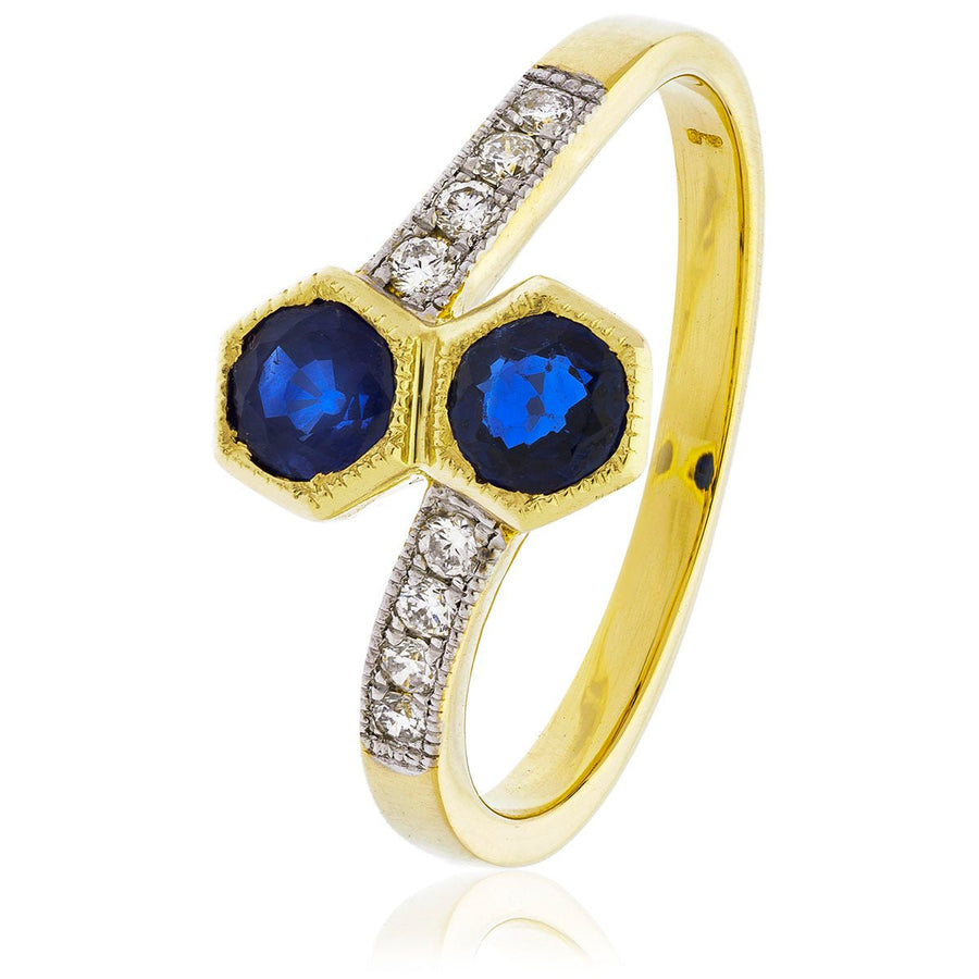 Sapphire & Diamond Cross Over Ring 0.85ct F-VS Quality 18k Yellow Gold - My Jewel World