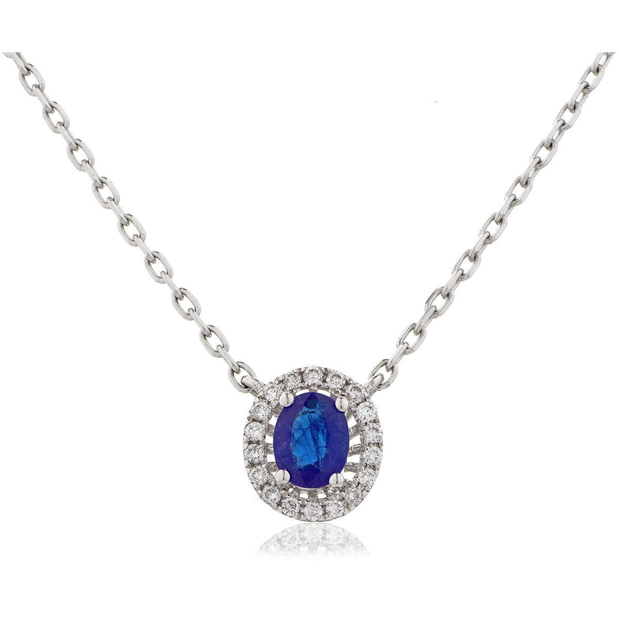 Sapphire & Diamond Halo Necklace 0.50ct F VS Quality in 18k White Gold - My Jewel World