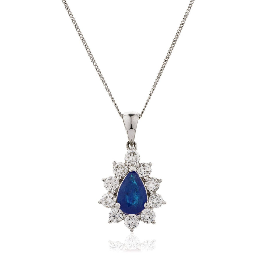 Sapphire & Diamond Halo Necklace 0.65ct F VS Quality in 18k White Gold - My Jewel World