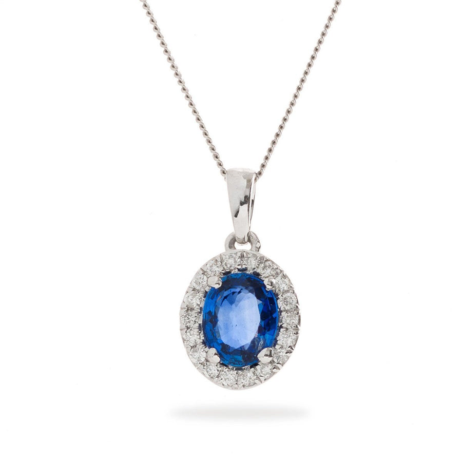 Sapphire & Diamond Halo Necklace 0.75ct F VS Quality in 18k White Gold - My Jewel World