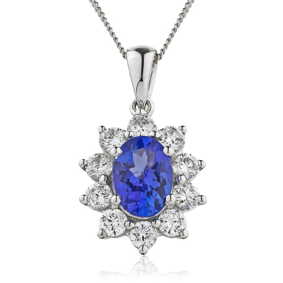 Sapphire & Diamond Halo Necklace 0.80ct F VS Quality in 18k White Gold - My Jewel World