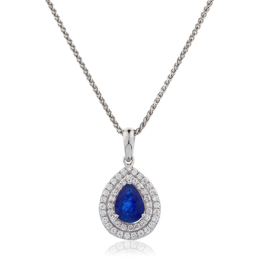 Sapphire & Diamond Halo Necklace 0.95ct F VS Quality in 18k White Gold - My Jewel World