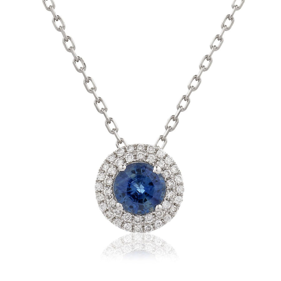 Sapphire & Diamond Halo Necklace 0.96ct F VS Quality in 18k White Gold - My Jewel World