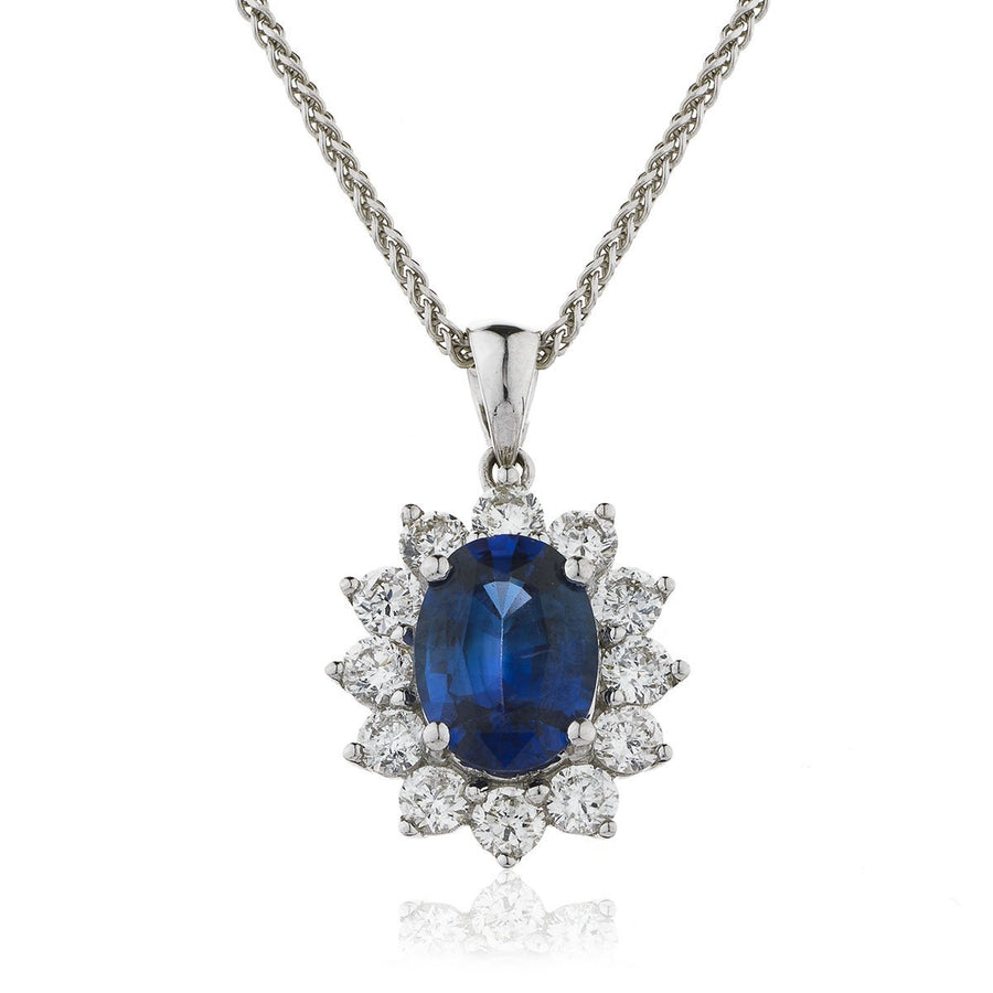 Sapphire & Diamond Halo Necklace 2.00ct F VS Quality in 18k White Gold - My Jewel World