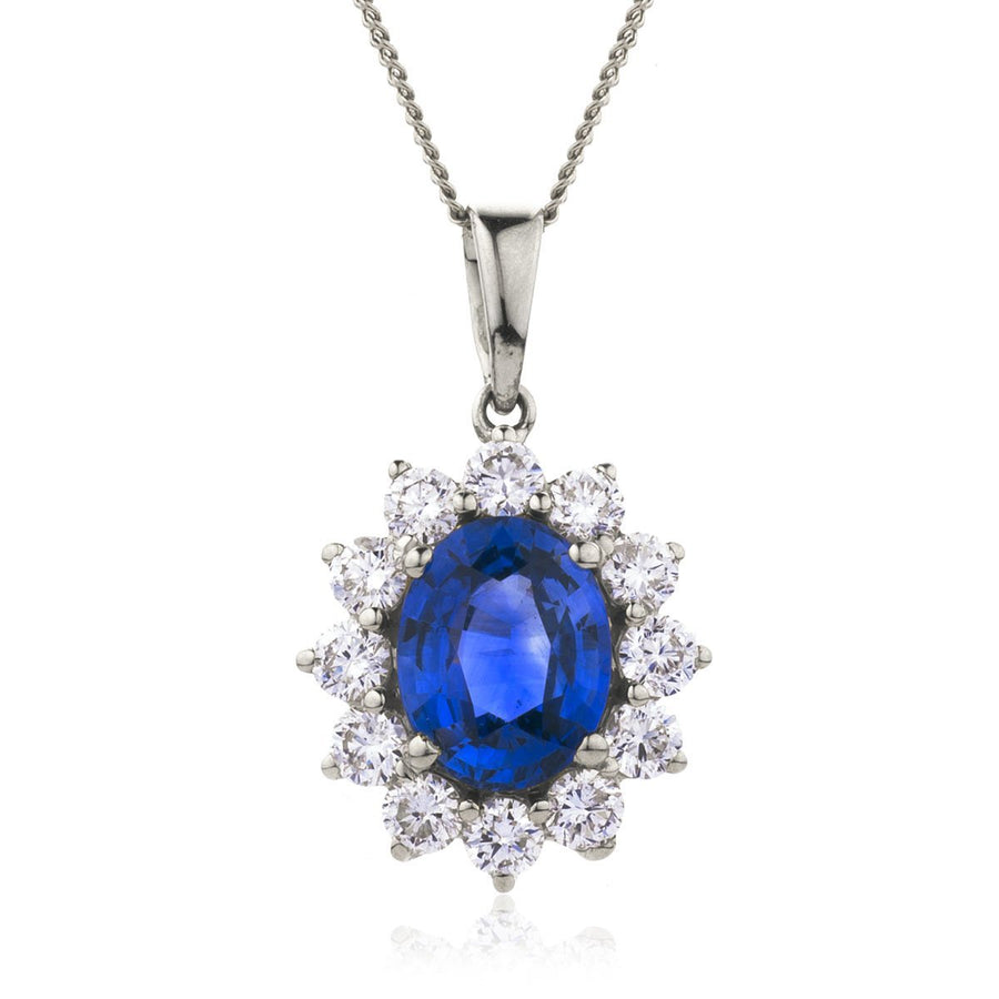 Sapphire & Diamond Halo Necklace 2.50ct F VS Quality in 18k White Gold - My Jewel World