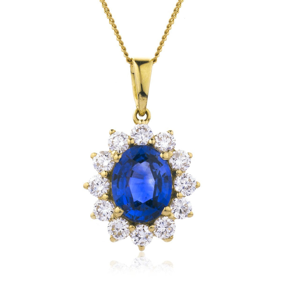 Sapphire & Diamond Halo Necklace 2.50ct F VS Quality in 18k Yellow Gold - My Jewel World