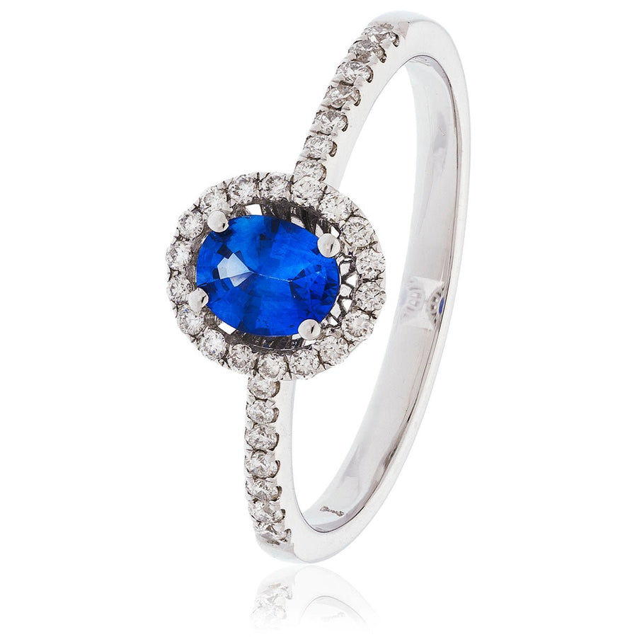 Sapphire & Diamond Halo Ring 0.68ct F-VS Quality in 18k White Gold - My Jewel World