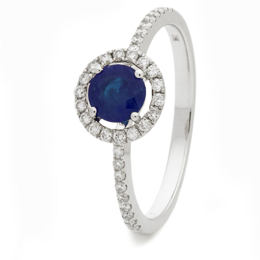 Sapphire & Diamond Halo Ring 0.80ct F-VS Quality in 18k White Gold - My Jewel World