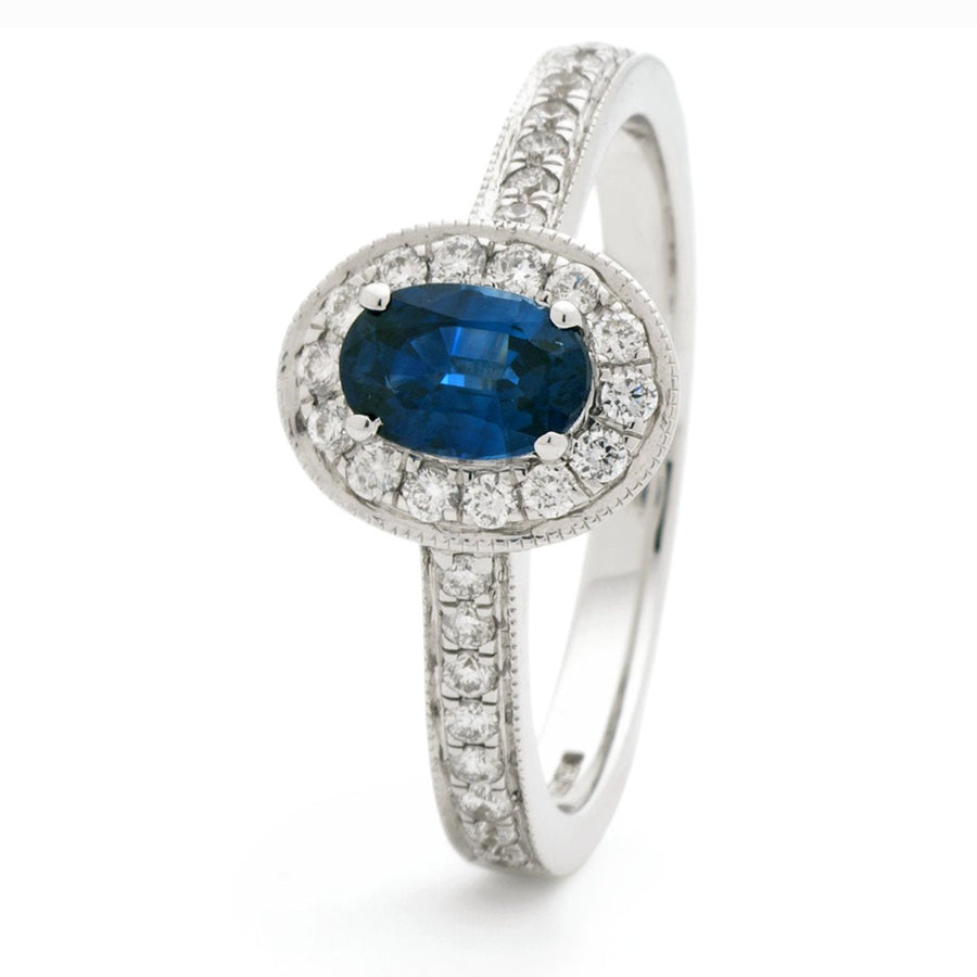 Sapphire & Diamond Halo Ring 1.00ct F-VS Quality in 18k White Gold - My Jewel World
