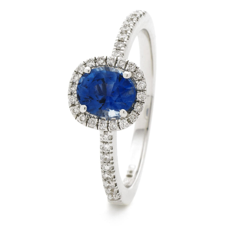 Sapphire & Diamond Halo Ring 1.10ct F-VS Quality in 18k White Gold - My Jewel World