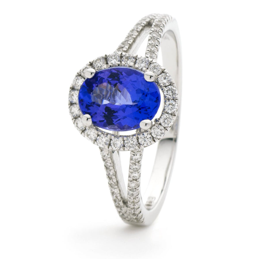 Sapphire & Diamond Halo Ring 1.45ct F-VS Quality in 18k White Gold - My Jewel World