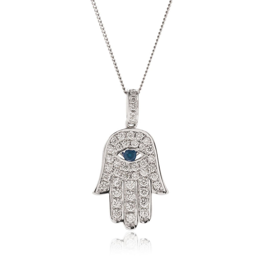 Sapphire & Diamond Hamsa Necklace 0.33ct F VS Quality in 18k White Gold - My Jewel World