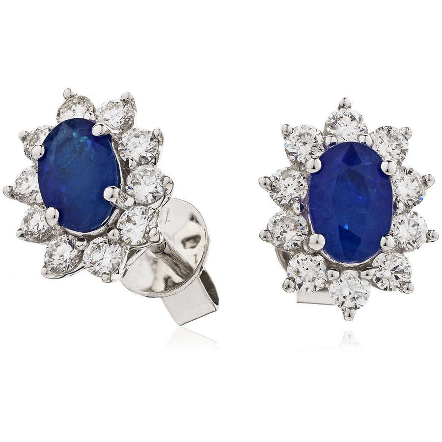 Sapphire & Diamond Oval Cluster Earrings 1.60ct in 18k White Gold - My Jewel World