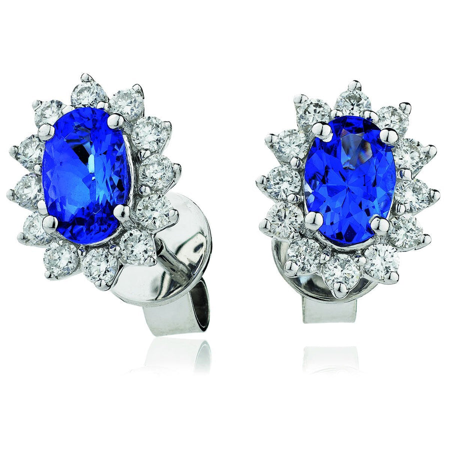 Sapphire & Diamond Oval Cluster Earrings 1.60ct in 18k White Gold - My Jewel World