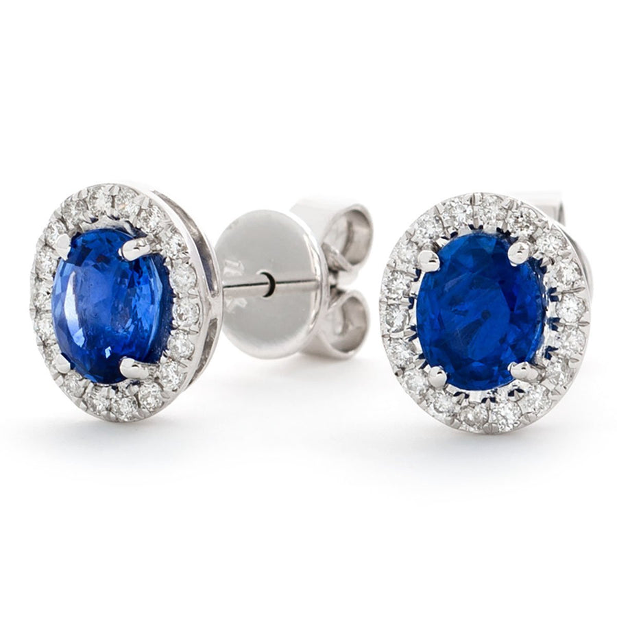 Sapphire & Diamond Oval Cluster Earrings 1.70ct in 18k White Gold - My Jewel World
