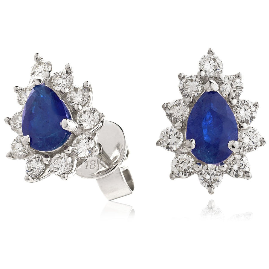 Sapphire & Diamond Pear Cluster Earrings 1.30ct in 18k White Gold - My Jewel World