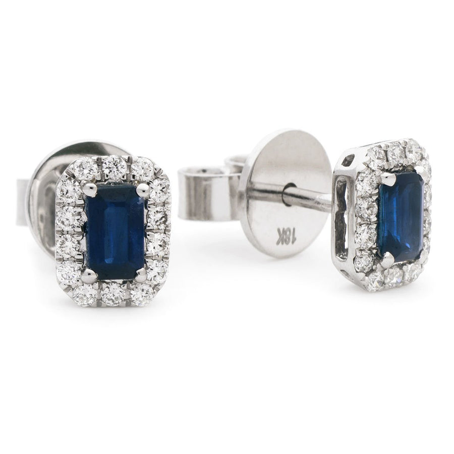 Sapphire & Diamond Rectangle Cluster Earrings 0.90ct in 18k White Gold - My Jewel World