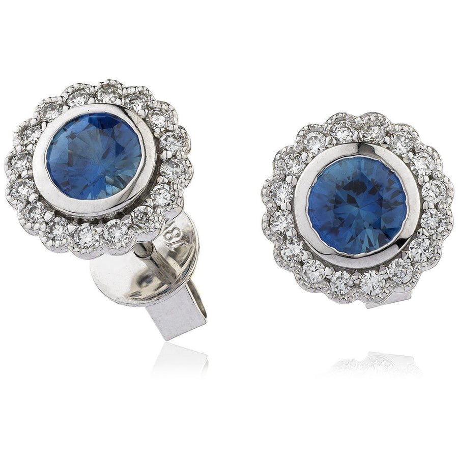 Sapphire & Diamond Round Cluster Earrings 1.05ct in 18k White Gold - My Jewel World