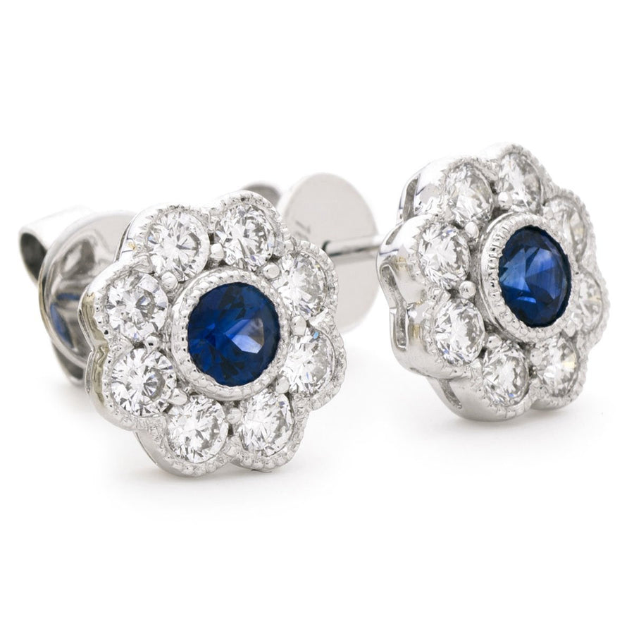 Sapphire & Diamond Round Cluster Earrings 1.15ct in 18k White Gold - My Jewel World