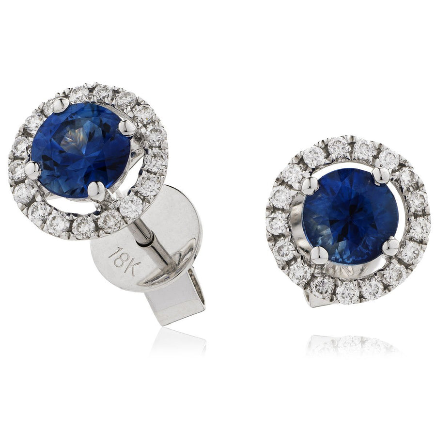 Sapphire & Diamond Round Cluster Earrings 1.20ct in 18k White Gold - My Jewel World