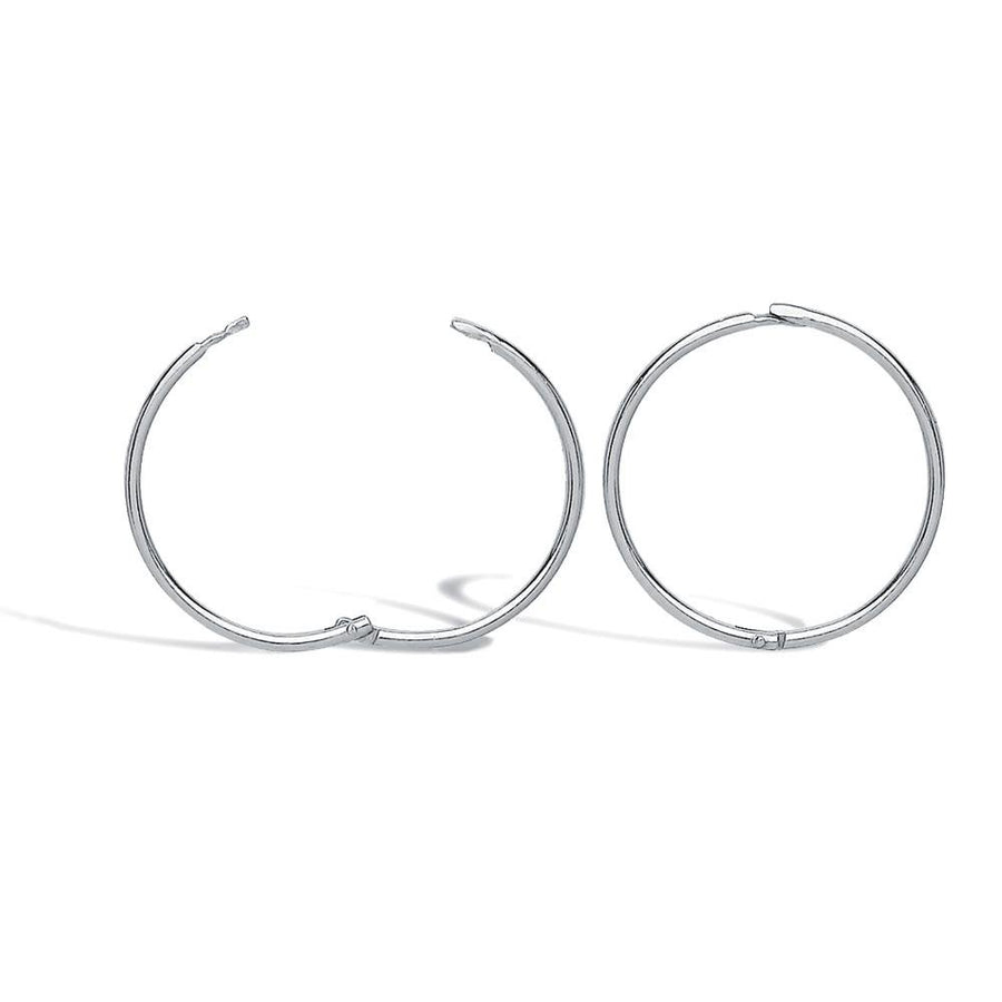 Solid 9ct White Gold Hinged 1mm Sleeper Hoop Earrings 15mm - My Jewel World