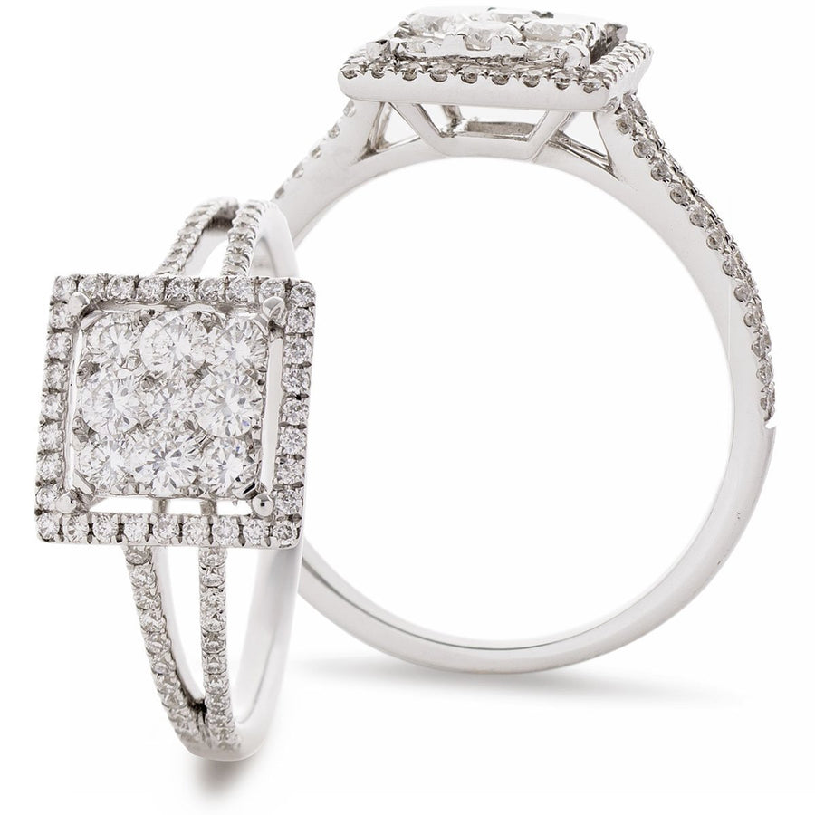 Square Halo Diamond Cluster Ring 0.75ct F-VS Quality in 18k White Gold - My Jewel World